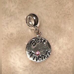 💞 STERLING SILVER ROUND “BEST FRIENDS” DANGLE CHARM WITH PINK CRYSTAL RHINESTONE
